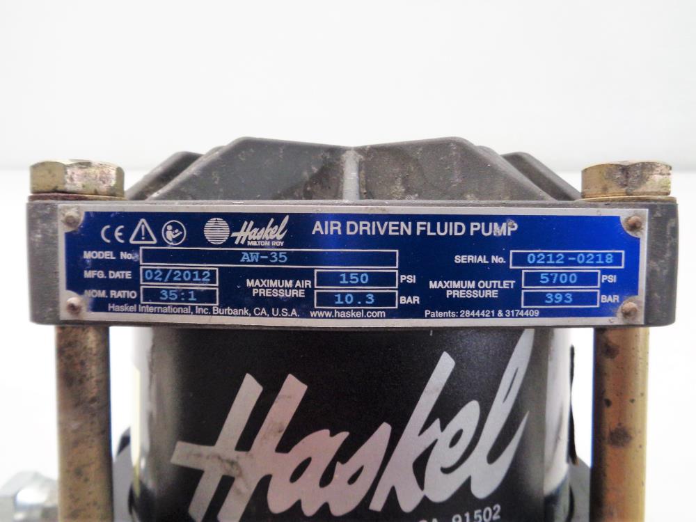 Haskel Air Driven Fluid Pump AW-35,  35:1 Ratio, 150 PSI, 1/2" NPT